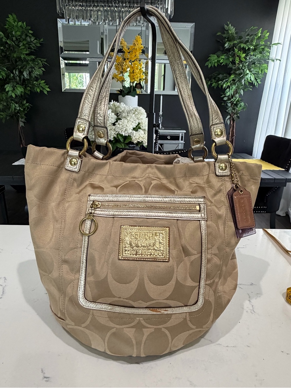 Coach Poppy Bella Large Beige Signature Tote with Gold Trim Handles